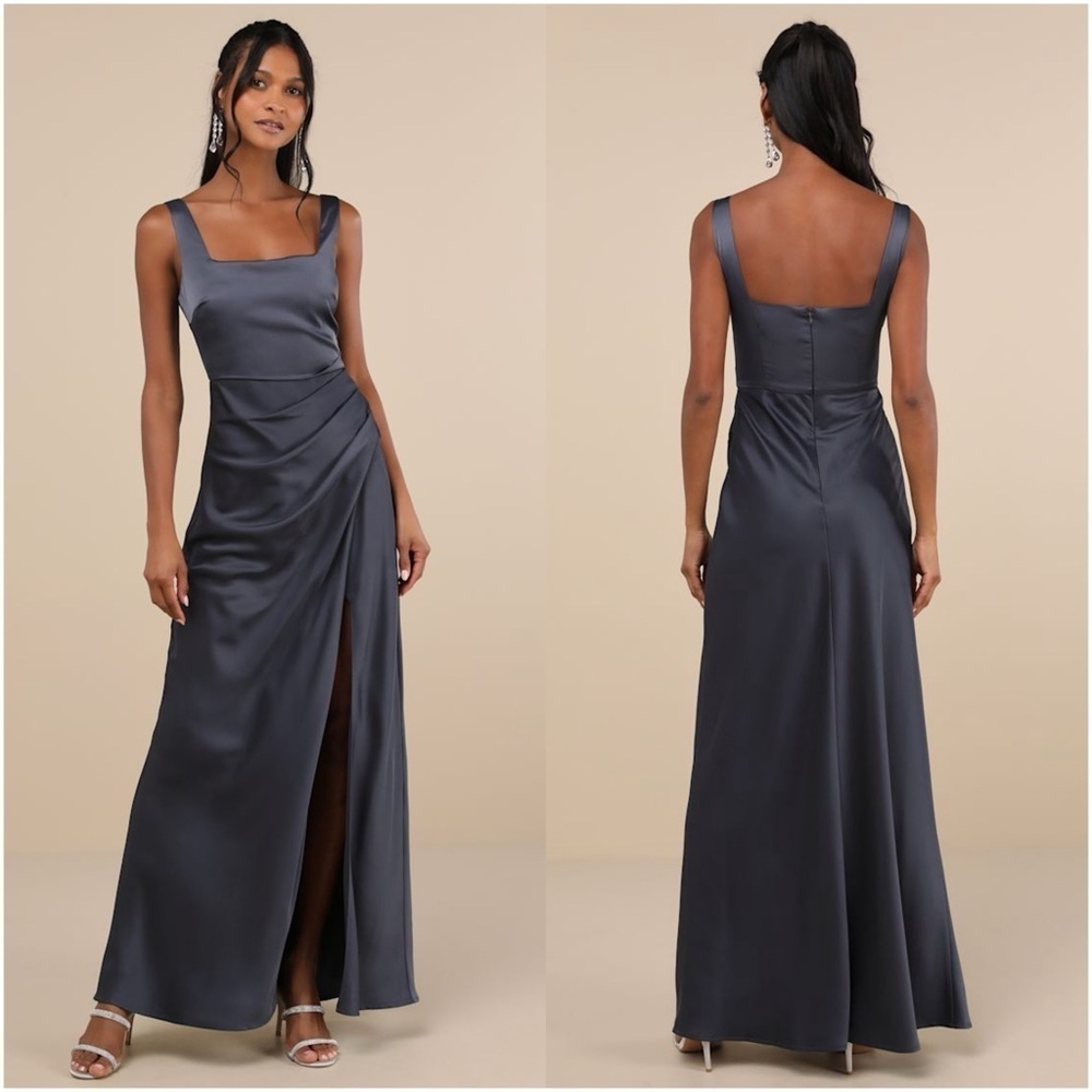 LULU’S Red Carpet Romance Dark Grey Satin Square Neck Maxi Dress